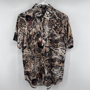 Thorn & Fable Skull Dictionary AOP Rayon Button Down Shirt Tan Black XS 32882066